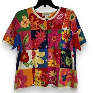 Vtg 90's Knit Top Short Sleeve Sweater Shirt Floral Embroidered Flowers Sz Large